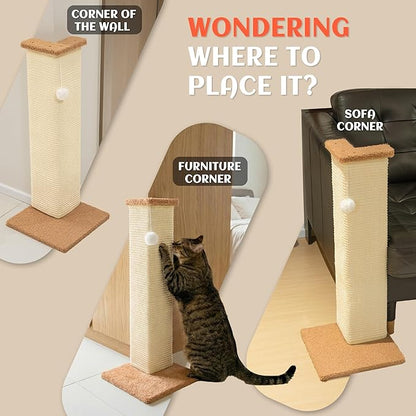 PETKARAY Couch Corner Cat Scratcher, 28.5" Sisal Scratching Post for Indoor Cats, Corner Wall Scratch Pad for Furniture Protection, Plush Base, Large