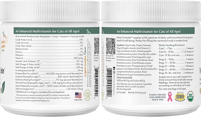 Wholistic Pet Organics Feline Complete Organic Pumpkin - 8 Oz - Multivitamin & Probiotic Powder for Cats - Natural Cat Food & Digestive Support - 75 Scoops