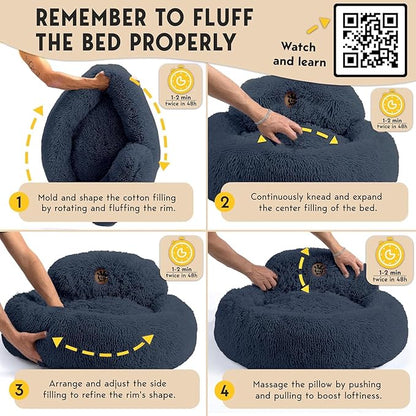 PetJett Small Dog Bed - 23'' Round Dog Beds, Calming Puppy Bed - Anti-Slip & Washable Super Soft Fluffy Plush Faux Fur Pet Bed, Anti-Anxiety Premium Comfort Donut Bed, Fits Dogs upto 25 lbs, Dark Gray