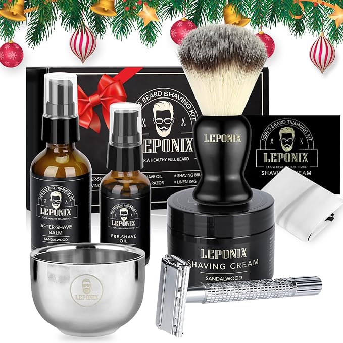 Shaving Kit for Men - The Ultimate Secret Santa Gift Set, Includes Safety Razor, Sandalwood Shaving Cream, Aftershave, Pre Shave Oil, Brush, Bowl & Apron Bib - Unique Gifts Set for Him Husband Dad