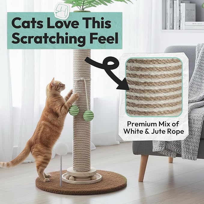Cat Scratching Post 34 Inch with Rotating Turntable and Removable Hanging Ball, Cat Scratcher for Indoor Cats, Ultra Stable Base, Paw-FGreen Baseriendly Jute Material, Brown Base