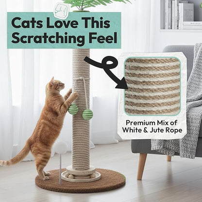 Cat Scratching Post 34 Inch with Rotating Turntable and Removable Hanging Ball, Cat Scratcher for Indoor Cats, Ultra Stable Base, Paw-FGreen Baseriendly Jute Material, Brown Base