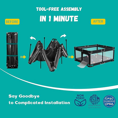ICAREWAY Foldable Playpen for Babies and Toddlers, 71x59 Inches Portable Playpen, Kids Collapsible Play Pen with 2 Handlers, Indoor & Outdoor Baby Play Area with Visible Mesh (Black)