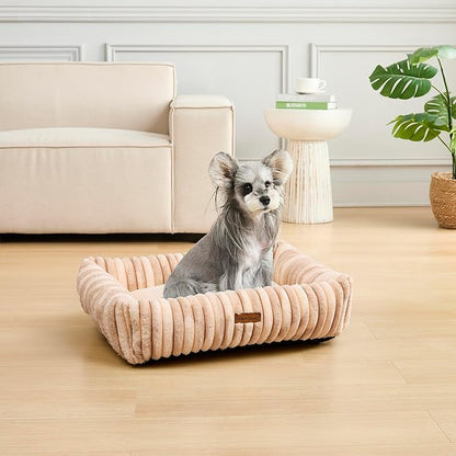 Modern Threads Ribbed Plush Two-Tone Cuddler Dog Bed, Ultra-Soft Faux Rabbit Fur, Supportive Bolstered Sides, Removable Washable Cover, Bed for Medium Dogs, Cream, (28" L x 21" W x 9" Th)