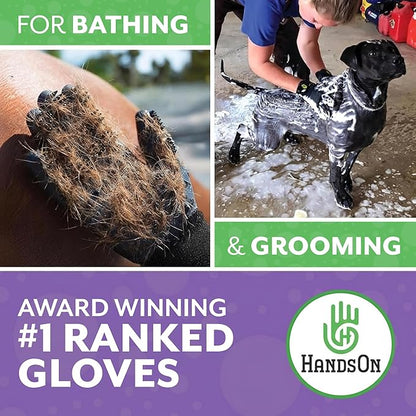 HandsOn Pet Grooming Gloves - #1 Ranked, Award Winning Shedding, Bathing, & Hair Remover Gloves for Cats, Dogs, and Horses (Green / Black, Large)