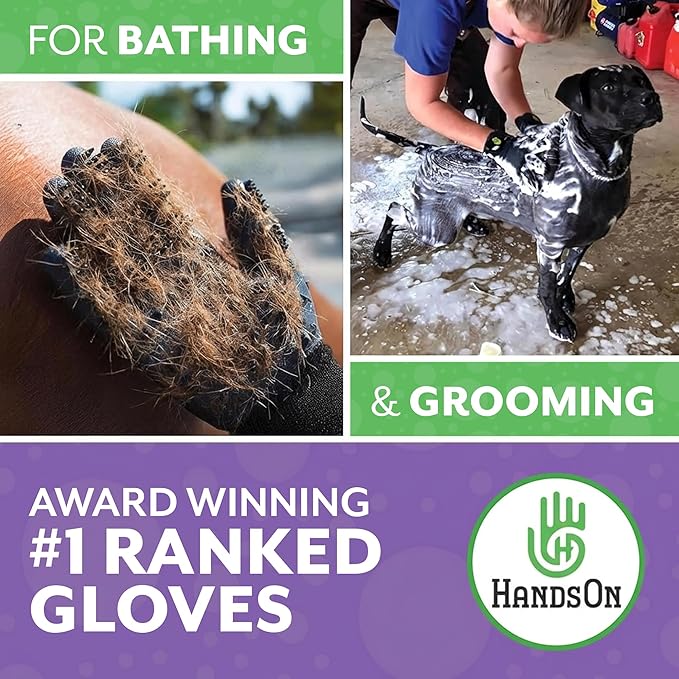 H HANDSON Pet Grooming Gloves - Patented #1 Ranked, Award Winning Shedding, Bathing, & Hair Remover Gloves - Gentle Brush for Cats, Dogs, and Horses (Mono Green, Junior)