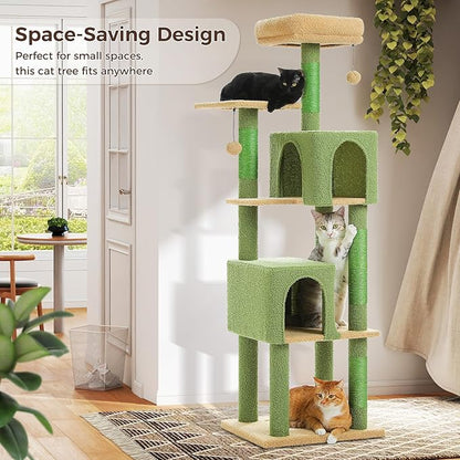 MUTTROS Cactus Cat Tree, 62-Inch Tall Multi-Level Cat Tower with Scratching Posts, Cat Condos for Large Indoor Cats, Plush Cat Bed w/Padded Perches, Scratching Pad & 2 Green Pompoms, Green