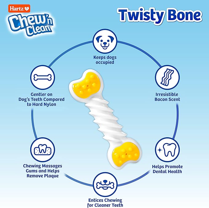 Hartz Chew ‘n Clean Twisty Bone Dog Chew Toy, Bacon Scented for Moderate Chewers, Extra Small (Pack of 2)