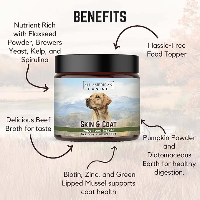 ALL AMERICAN CANINE Complete Skin & Coat Natural Protein-Enriched Powdered Supplement Food Topper | 90 Servings