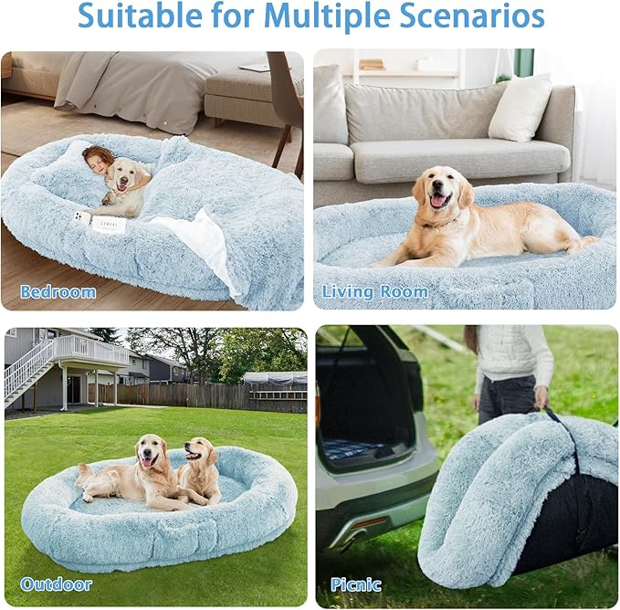 Human Dog Bed, 71''x45''x12'' Size Fits People and Pet 10 CM Thick Memory Foam Washable Adult Large Bed Giant Oversize Foldable Dog Bed with Plump Pillow, Blanket, Strap - Blue