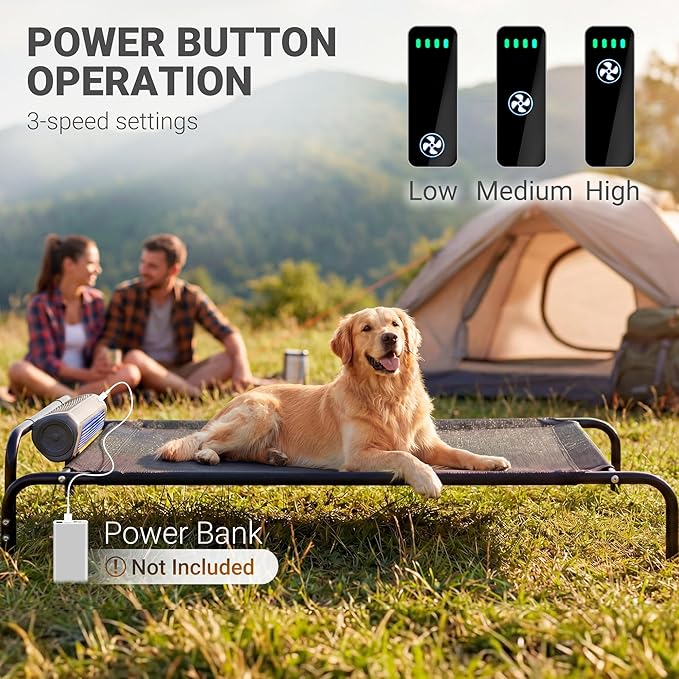 Tailwaggz Elevated Outdoor Dog Bed with Fan - Cooling Dog Bed for Large Dogs, Waterproof Cot Easy to Assemble, 3 Wind Speed, Raised Dog Bed with Washable Mesh Cover, Durable, Non Slip, Up to 105 lbs