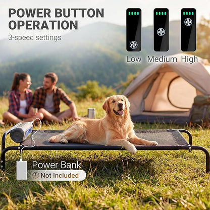 Tailwaggz Elevated Outdoor Dog Bed with Fan - Cooling Dog Bed for Large Dogs, Waterproof Cot Easy to Assemble, 3 Wind Speed, Raised Dog Bed with Washable Mesh Cover, Durable, Non Slip, Up to 105 lbs