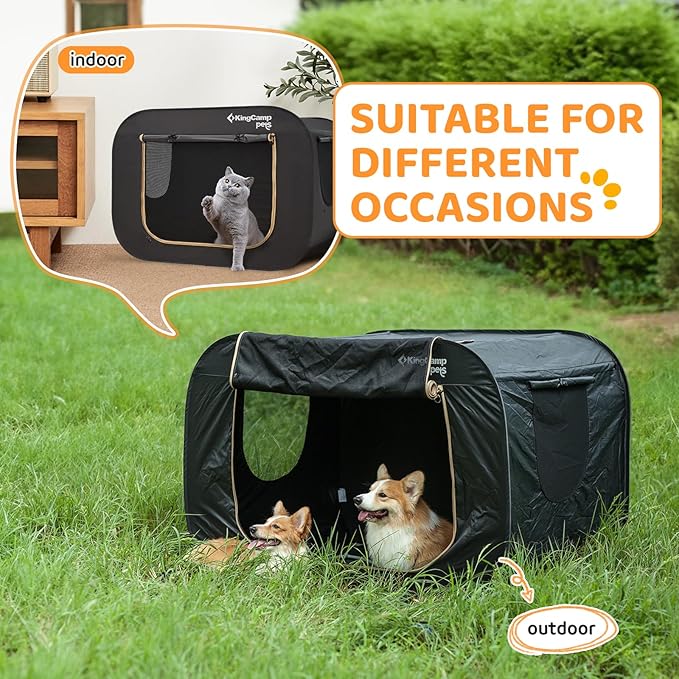 KingCamp XXL Dog Crate, Large Collapsible Pop Up Dog Kennel Tent with Durable 600D Oxford Fabric & Breathable Mesh for Indoor Outdoor Travel, Black, 55" x 39" x 39"