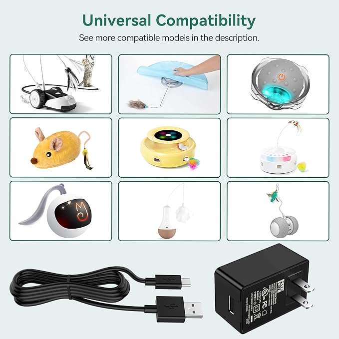 FITE ON USB Wall Charger for Cat Toys, Power Adapter Compatible with Potaroma Cat Toys 3in1, Potaroma Cat Laser Toys 4in1 Fluttering Butterfly Power Supply Cord Cable UL Listed