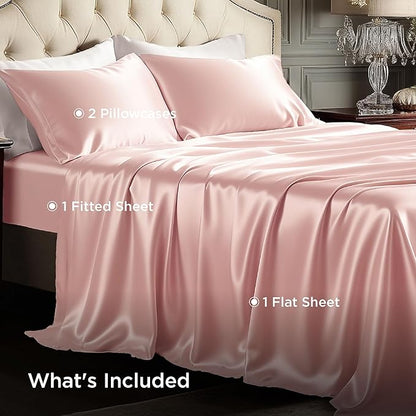 Bedsure Pink Satin Sheets Full Size - 4 Piece Silky Bedsheets with 15 Inches Deep Pocket Fitted Bedsheet,1 Flat Sheet, 2 Satin Pillowcases, Good for Hair & Skin (Full, Peach Pink)