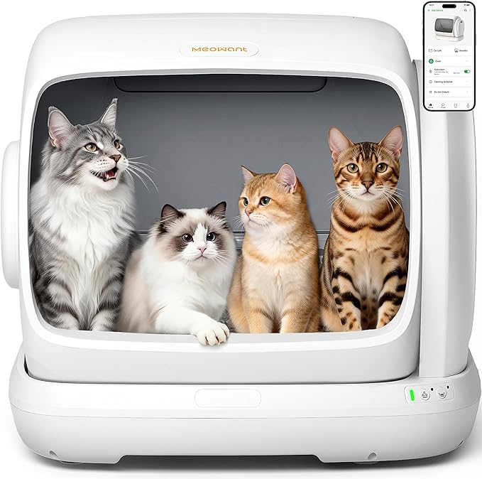 MeoWant Self-Cleaning Cat Litter Box, 106L Extra-Large Space Low Entrance Automatic Cat Litter Box Perfect for Multiple Cats, Safety Sensor, Anti-Pinch, APP Control, Odor Free with Mat & Liner