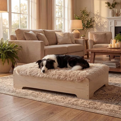 Elevated Wooden Dog Bed with Supportive Cushion & Washable Cover, Sturdy Noise-Free Frame, Modern Furniture-Style Design for Indoor Living Spaces, L Size for Medium to Large Dogs, Natural Wood Finish