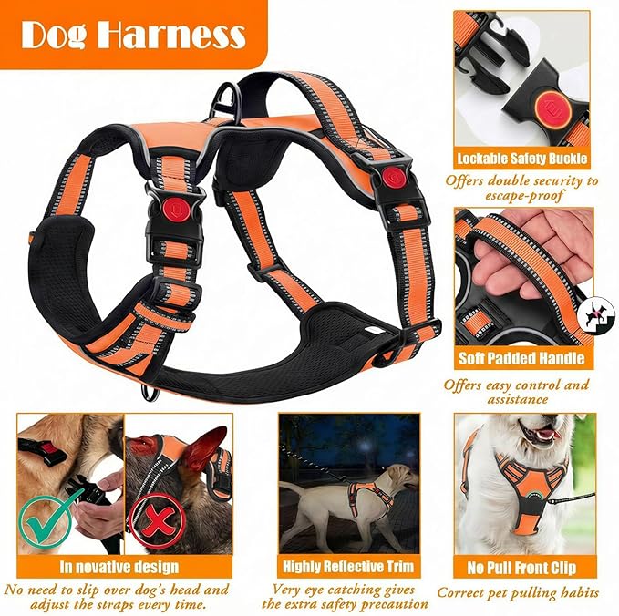 LOBEVE No Pull Dog Harness, Collar & Leash Set | Includes Dog Seat Belt, Collapsible Bowls & Poop Bag Dispenser. Ideal for Training, Walking, Hiking. Fits Small to Large Dogs(Orange-M)