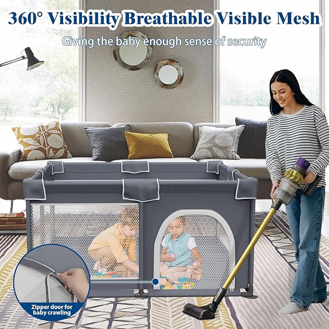 Jixrolyn Baby Playpen 50"x50", Sturdy Safety Baby Fence Play Area with Soft Breathable Mesh, Anti-Slip Base, Play Pen for Toddlers 1-3