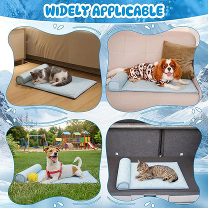 DoubleFill 4 Pack Cooling Dog Mats with Supportive Pillow 23.6" x 31.5" Self Cooling Dog Pads Ice Silk Washable Pet Cool Mat Summer Cat Sleeping Pad with Storage Bag for Crate Bed Floor (Large, Blue)