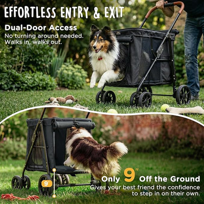 CANINE CANYON Scout Pet Stroller, Heavy Duty Dog Stroller for Small & Medium Dogs, Foldable Pet Stroller with All-Terrain Wheels, Breathable Mesh, Storage Pocket & Cup Holder, 55 lbs Capacity, Black