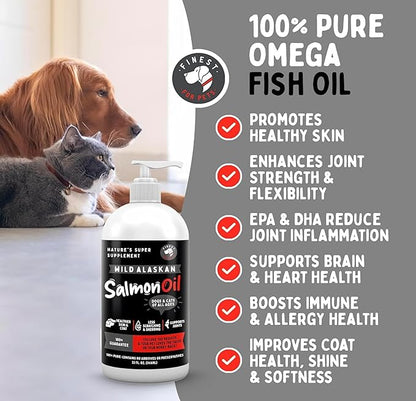 Wild Alaskan Omega-3 Blend Pollock + Salmon Oil for Dogs & Cats (32oz). 100% Pure Fish Oil Supplement with EPA & DHA for Joints, Skin & Coat, Itching, Shedding, Immune & Heart. Tasty & Easy to Give.