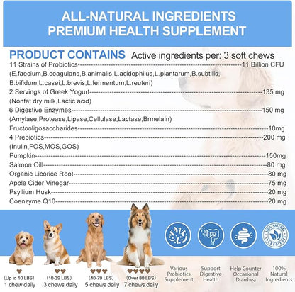 Probiotics for Dogs 200 Chews - Dog Probiotics with 6 Digestive Enzymes,4 Prebiotics,11 Billion CFUs, Colostrum - for Gut Gas Health, Yeast Balance, Skin & Coat, Seasonal Allergies Immune Support