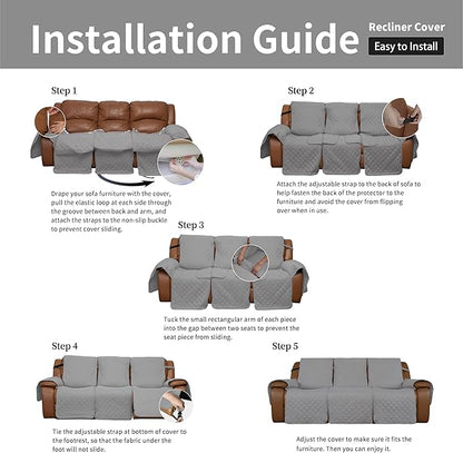 Easy-Going Oversized Recliner Sofa Cover, Reversible Couch Cover for 3 Seat Recliner, Split Sofa Cover for Each Seat with Elastic Straps for Kids, Dogs, Pets (3 Seater, Light Gray/Light Gray)