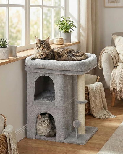 Aechonow 24in Cat Tree Tower with Scratching Post, 19 * 16.5in Window Perch Bed for Large Adult Cats, 2 Small Condo Cubbies for Indoor Kittens, Light Gray