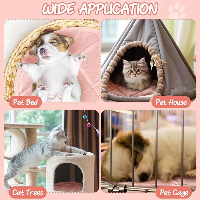 Drydiet 2 Pcs Self Warming Cat Mat Round Self Heating Pad Bed Reversible Machine Washable Heated Bed Anti Slip Warming Pad Pet Mat for Cat Crate Indoor Outdoor(Pink,16 Inch)