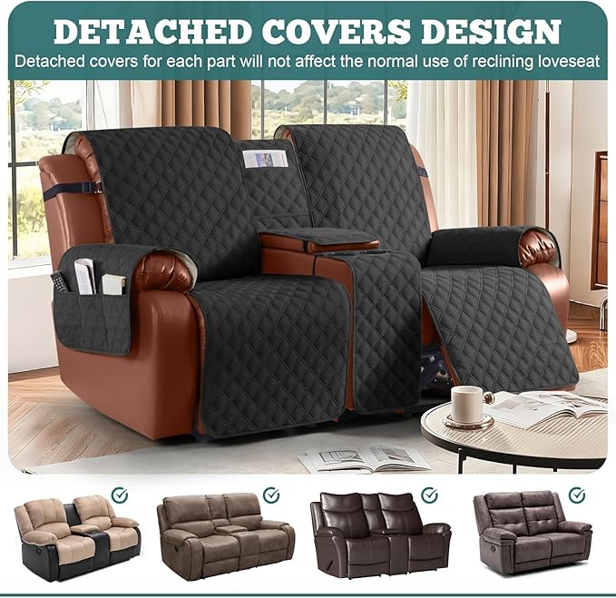 Ruaozz Waterproof Loveseat Recliner Cover with Console Non-Slip Reclining Couch Covers Split Sofa Slipcovers with Elastic Straps Furniture Protector for Kids, Dogs, Pets (Black, 2 Seater)