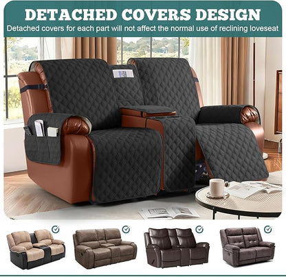 Ruaozz Waterproof Loveseat Recliner Cover with Console Non-Slip Reclining Couch Covers Split Sofa Slipcovers with Elastic Straps Furniture Protector for Kids, Dogs, Pets (Black, 2 Seater)