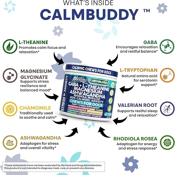 CalmBuddy Anxiety and Stress Relief Supplements GABA L-Theanine Magnesium Ashwagandha Rhodiola Rosea Chamomile L-Tryptophan Skullcap Taurine Valerian Root 60 Beef Flavor Chew by Clean Nutra Pets
