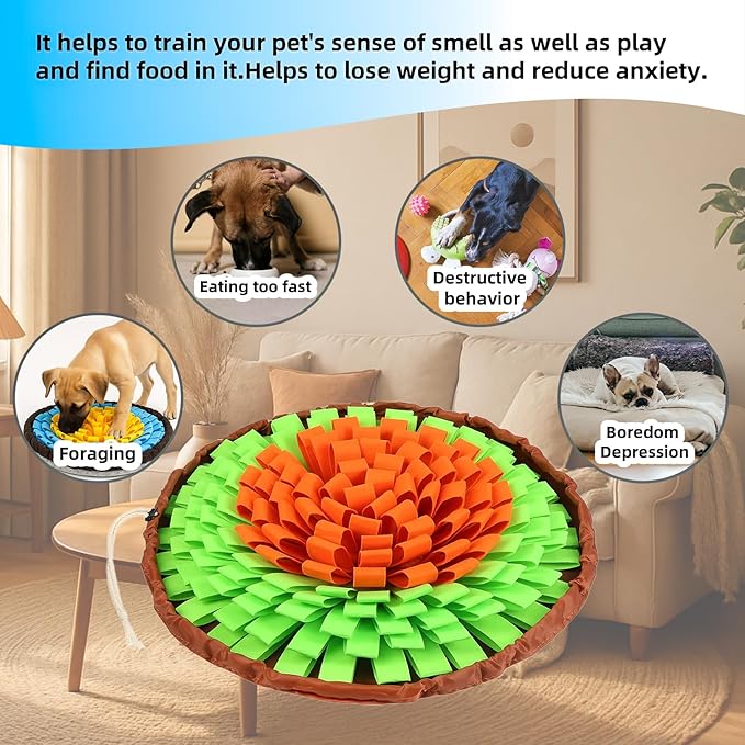 Snuffle Mat for Dogs, Large Dog Snuffle Mat 19'' x 19'' Enrichment Interactive Dog Puzzle Toys for Dogs Cats Encourage Natural Foraging Skills and Olfactory Training Stress Relievers Green-Orange
