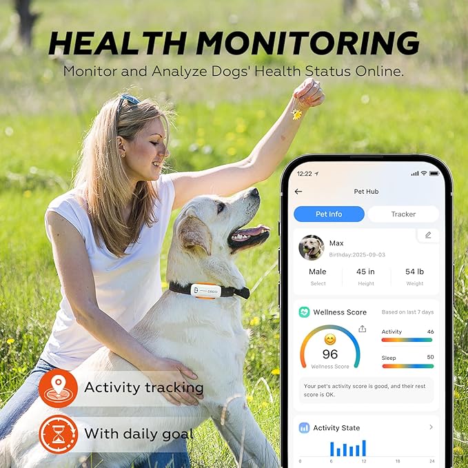 DBDD Smart GPS Dog Collar Tracker with Virtual Fence, Live Tracking & Vital Signs Monitoring for Dogs 40lbs Up, Waterproof Pet GPS Tracker for Pets,iOS & Android Compatible