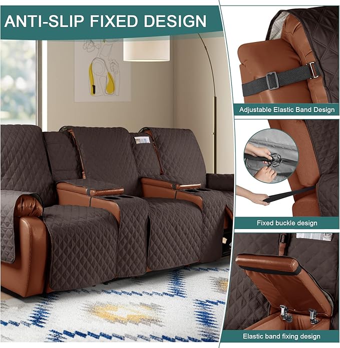 Ruaozz Waterproof Recliner Sofa Cover with Console Non-Slip Couch Covers for Reclining Couches Pet Cover for Double Recliner Sofa Cover with Elastic Straps for Kid Dogs Pets (Chocolate, 3 Seater)