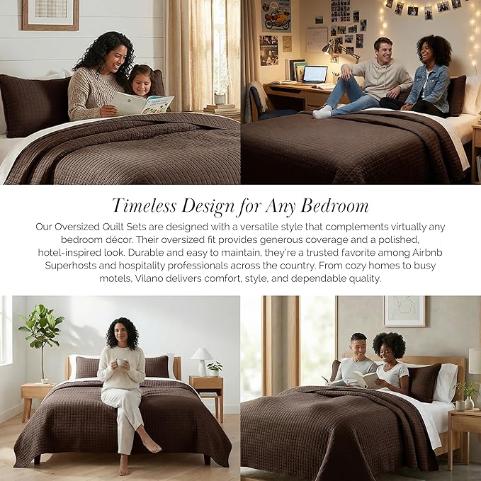 Southshore Fine Living, Inc. Full/Queen Quilt Bedding Set, Comfy Microfiber Coverlet, Queen Size Bedspread, Stain and Pet Hair Resistant Bedding, Full Size Quilt Set w/2 Shams, Chocolate Brown
