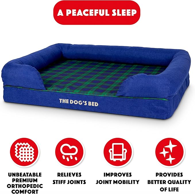 The Dog’s Bed Orthopedic Memory Foam Dog Bed with Bolsters for Large Dogs, High Density Support Mattress, Low Front Entry, Removable Washable Cover, Oxford Fabric, Black Watch Tartan, Large
