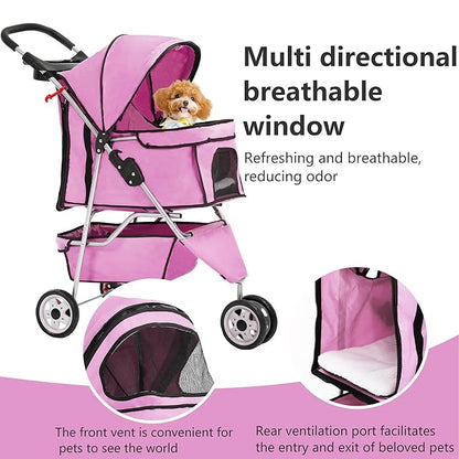 FDW 3-Wheel Pet Stroller Foldable Dog Cat Jogger Stroller Durable Travel Folding Carrier with Storage Basket Cup Holder,Peach Pink