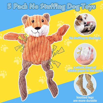 MRSOHRET 5 Pack Squeaky Dog Toys, No Stuffing Plush Dog Chew Toy Puppy Teething Toys to Keep Them Busy, Chewer Tough Durable Crinkle Interactive Dogs Toy Bundle for Small Medium Large Dogs