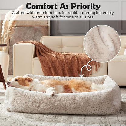 JOEJOY Large Dog Beds Large Sized Dog, Removable Washable Cover Orthopedic Soft Faux Rabbit Fur Pet Bed, Anti-Slip Fluffy Plush Faux Rabbit Fur Puppy Bed, 36"x27"x8", Leopard Print, Beige