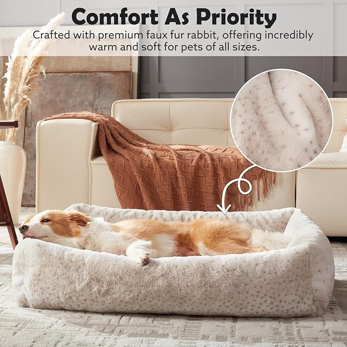 JOEJOY XL Dog Beds Large Sized Dog, Removable Washable Cover Orthopedic Soft Faux Rabbit Fur Pet Bed, Anti-Slip Fluffy Plush Faux Rabbit Fur Puppy Bed, 42"x36"x9", Leopard Print, Beige