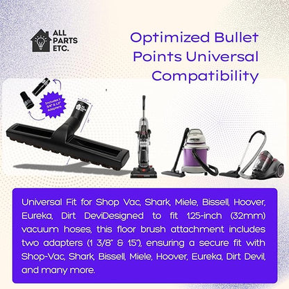 14” Vacuum Floor Brush Attachment for 1.25” Hoses – Includes 1 3/8” & 1.5” Adapters – Universal Fit for Shop Vac, Shark, Miele, Bissell, Hoover, Eureka, Dirt Devil & More
