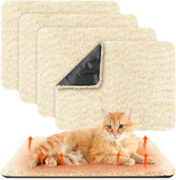Drydiet 4 Pack Self Warming Cat Pads Self Heating Cat Mat Washable Homeless Dogs Thermal Pads Kennel Pad Reflects Body Heat Warm Crate Bed Mat for Indoor Outdoor Pet(Camel,16 x 20 Inch)