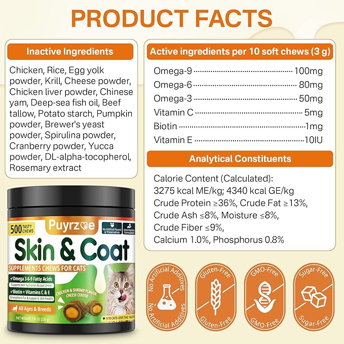 Puyrzoe Cat Skin and Coat Health - 500 Chews Crunchy & Creamy Cheese Core with Omega 3/6/9, Vitamins C & E, Biotin for Skin Hydration & Coat Shine Supplement for Cats Kittens - Chicken & Shrimp Flavor
