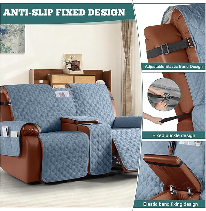Ruaozz Waterproof Loveseat Recliner Cover with Console Non-Slip Reclining Couch Covers Split Sofa Slipcovers with Elastic Straps Furniture Protector for Kids, Dogs, Pets (Pastel Blue, 2 Seater)