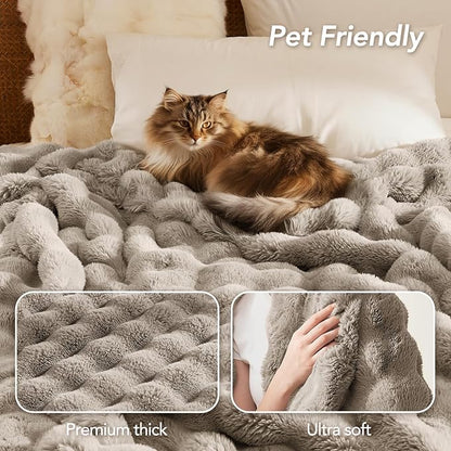 L'AGRATY Faux Rabbit Fur Blanket: 90" x 90" Queen Luxury Soft Fluffy Thick Fur Throw Blanket for Couch Bed Sofa - Cozy Plush Bubble Blankets for Winter: Flannel Fleece Decorative Blanket(Castle Grey)