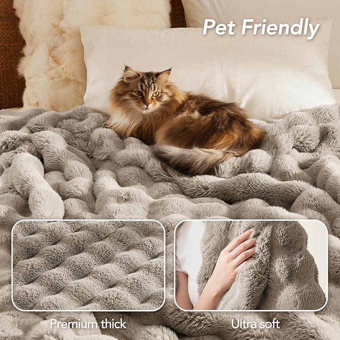 L'AGRATY Faux Rabbit Fur Blanket: 50" x 60" Luxury Soft Fluffy Thick Fur Throw Blanket for Couch Bed Sofa - Cozy Plush Bubble Blankets for Winter: Warm Flannel Fleece Decorative Blanket(Castle Grey)