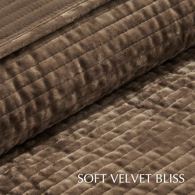 EverGrace Velvet Quilt Set King Size, Luxurious Soft Quilted Bedding Sets, Lightweight Velvet Comforter for All Season, Striped Channel Bedspread Coverlet with 2 Shams, Mushroom Brown