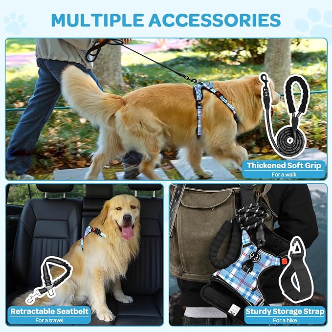 FURRYFECTION Plaid Dog Harness for Small Dogs, Reflective No Pull Adjustable Pet Vest with Front Clip, Leash, Easy Control Handle and Seat Belt, Blue&White, S